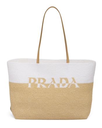 Prada Raffia And Leather Tote Bag 1BG442 Apricot